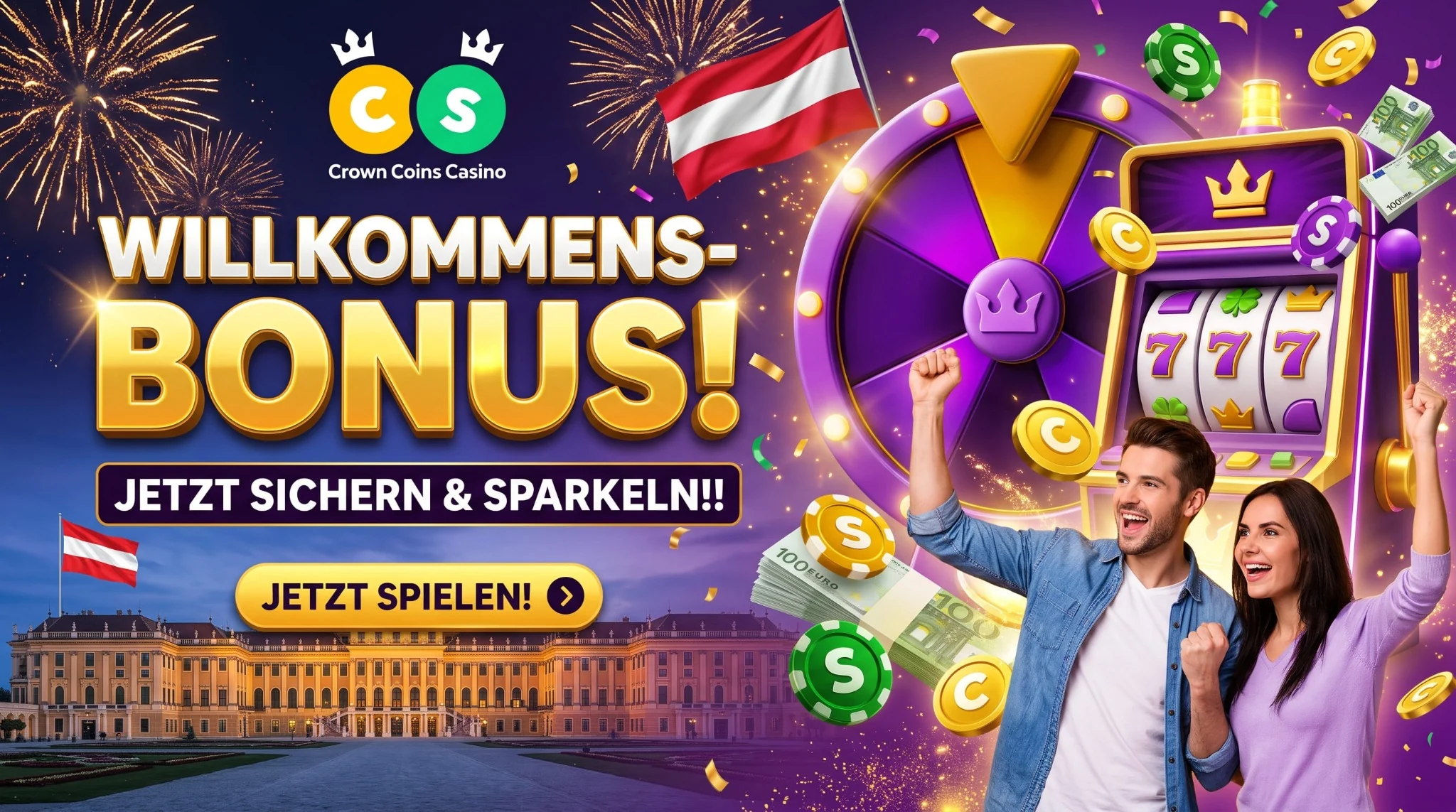 Willkommensbonus-Motiv mit CrownCoins Casino, Glücksrad, Spielautomaten und österreichischer Flagge